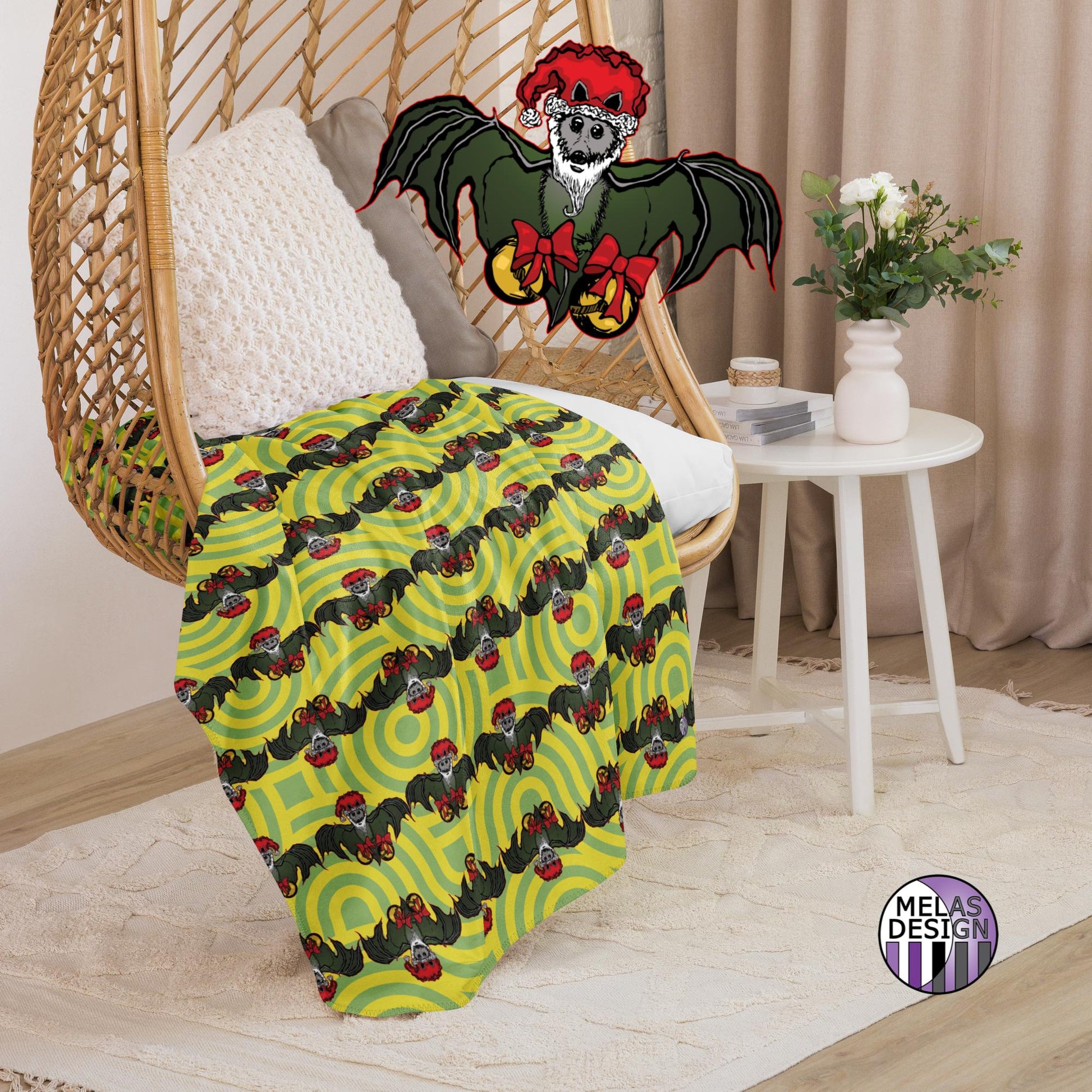 Batty Holidays Santa Bat Sherpa Blanket; 37x57; front; alternative Christmas gift idea