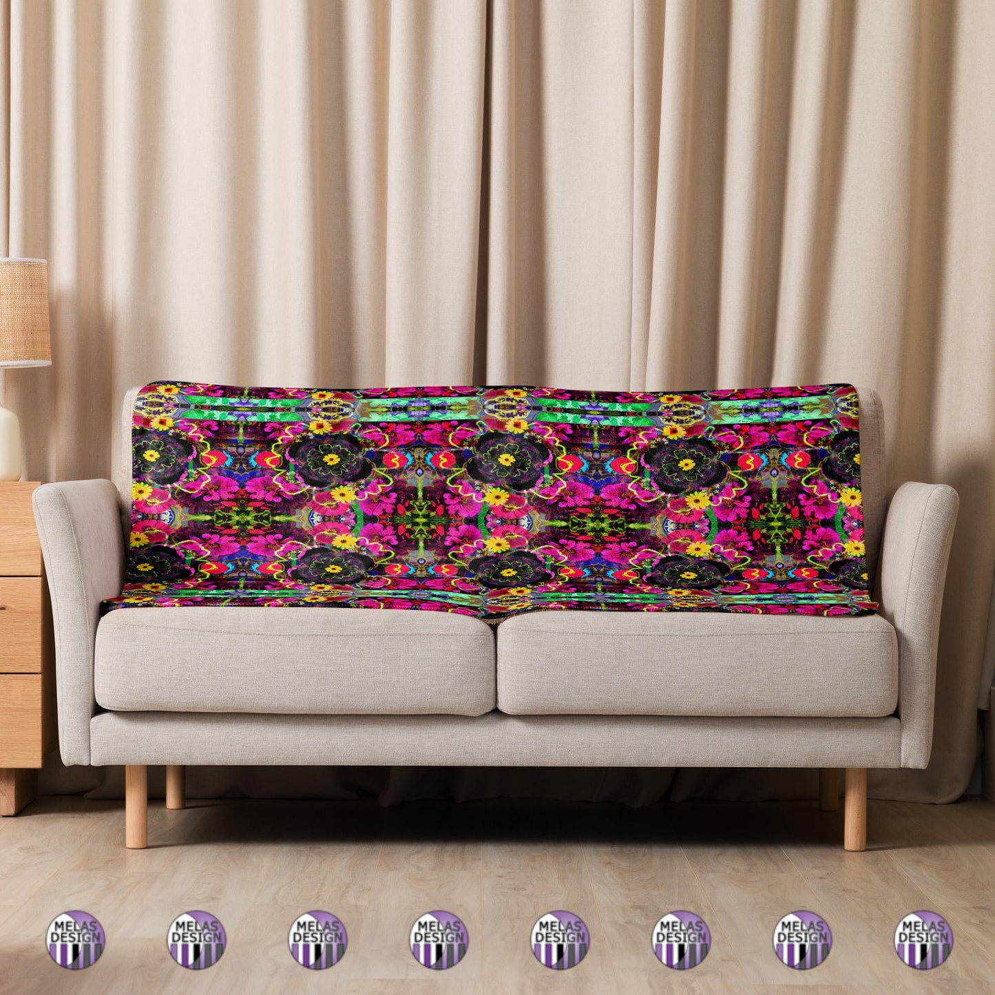 Color Joy Flower Power Sherpa Blanket v1; product mock-up draped on couch; 37x57