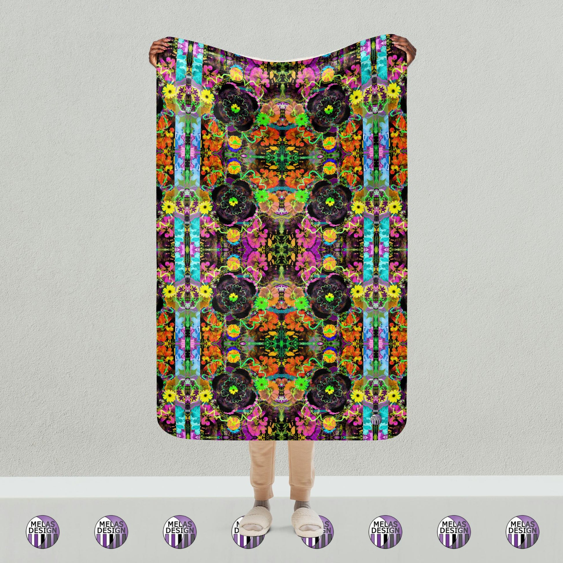 Color Joy Flower Power Sherpa Blanket v3; model holding up Product mockup; Melasdesign; 37x57