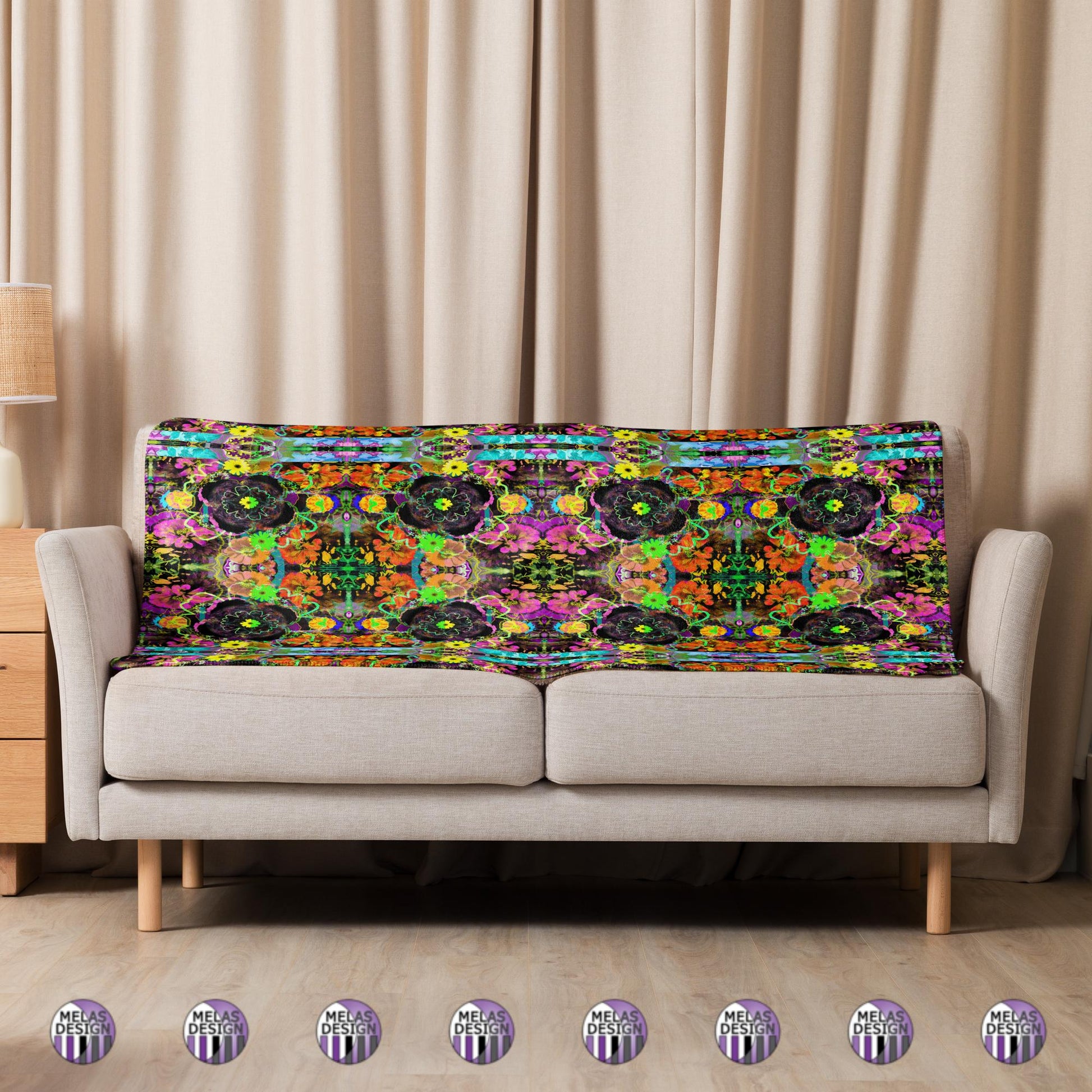 Color Joy Flower Power Sherpa Blanket v3; 37x57; product mock-up with blanket draped on couch and logos