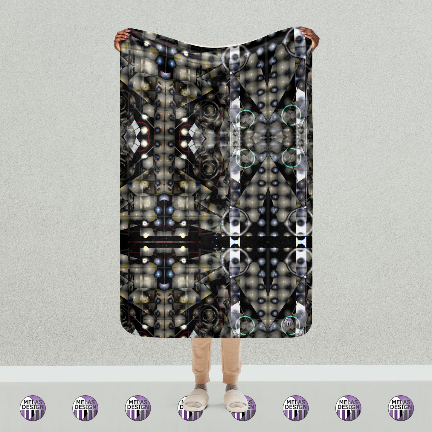 Cold Moon Yule Meditation Sherpa Blanket; 37x57; standing Model holding Product mockup in front of them above Melasdesign logos