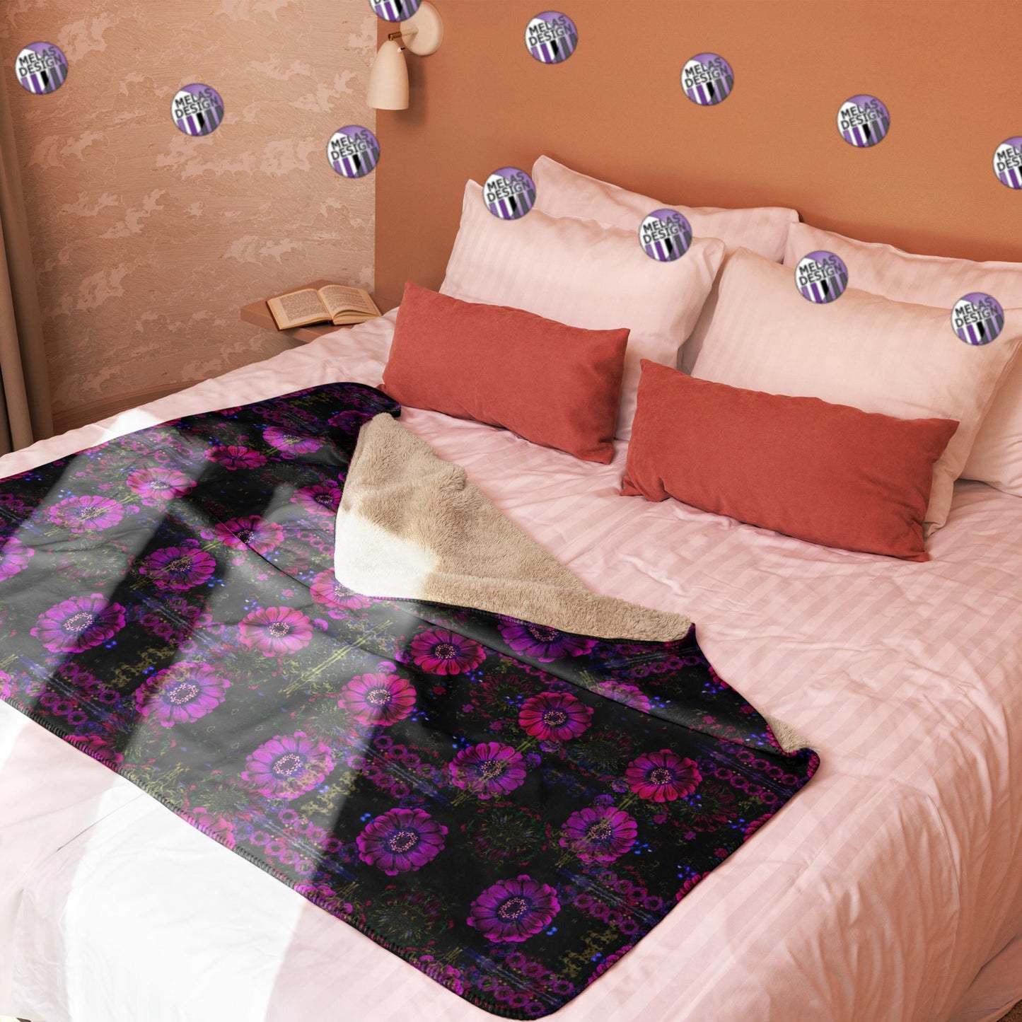 Hot Trippy Zinnias Sherpa Blanket Pink to Black; 50x60; on bed