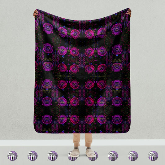 Hot Trippy Zinnias Sherpa Blanket Pink to Black; 50x60; Melasdesign; shop small; flowers; floral