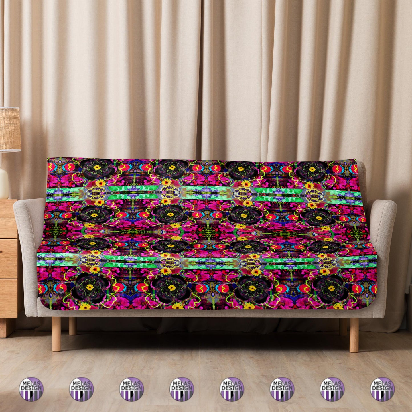 Color Joy Flower Power Sherpa Blanket v1; product mock-up draped on couch; 50x60