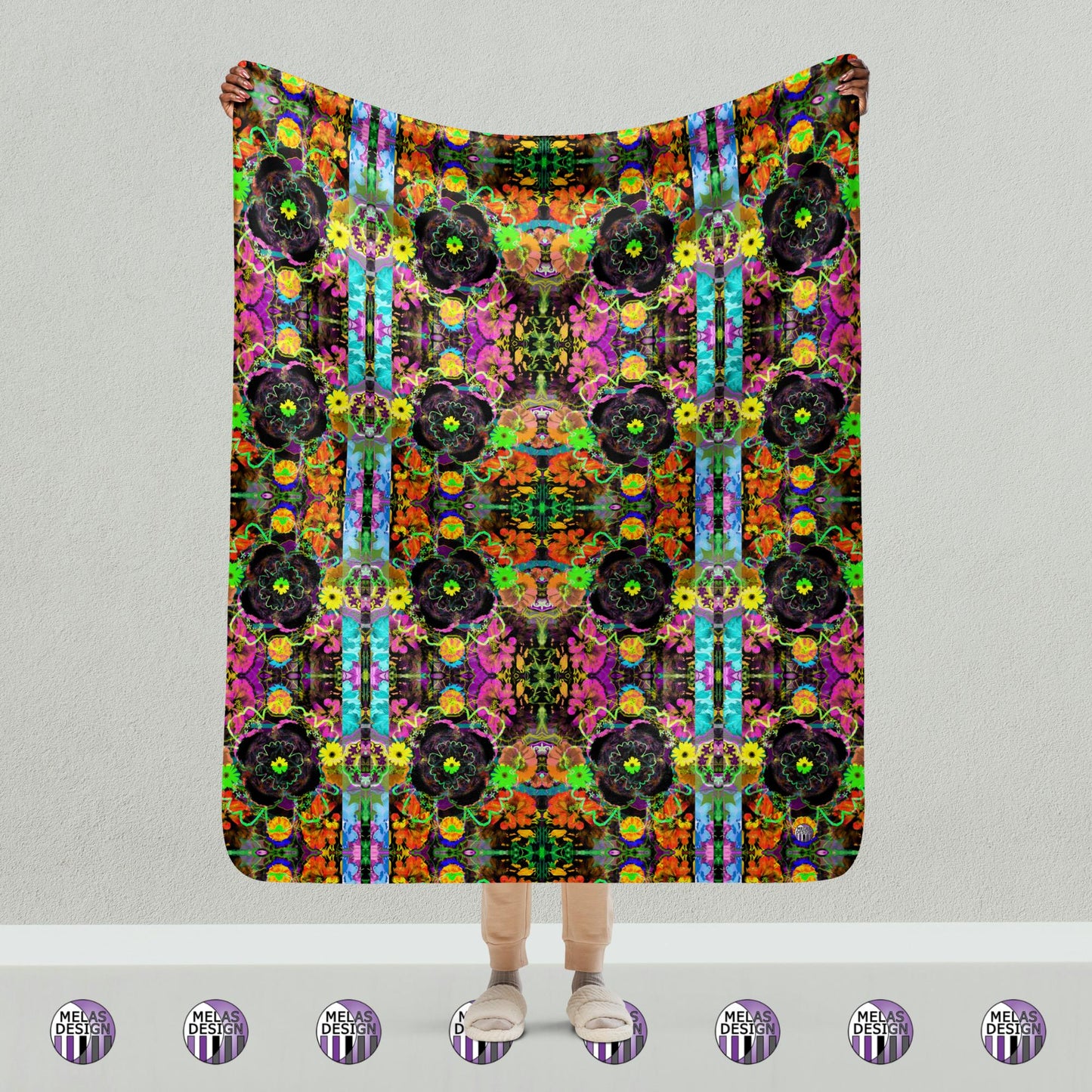 Color Joy Flower Power Sherpa Blanket v3; model holding up Product mockup; Melasdesign; 50x60