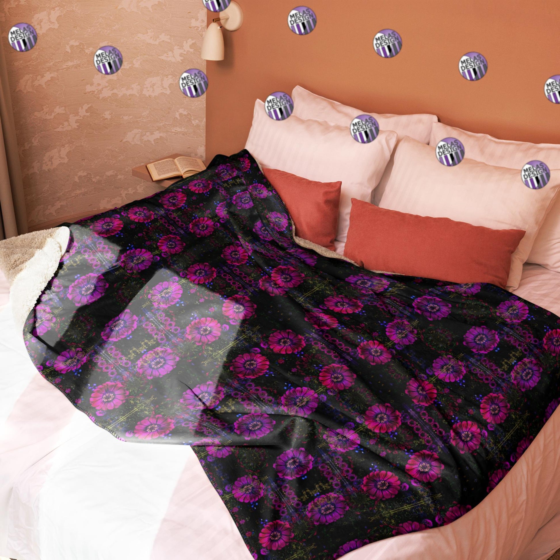 Hot Trippy Zinnias Sherpa Blanket Pink to Black; 60x80; on bed