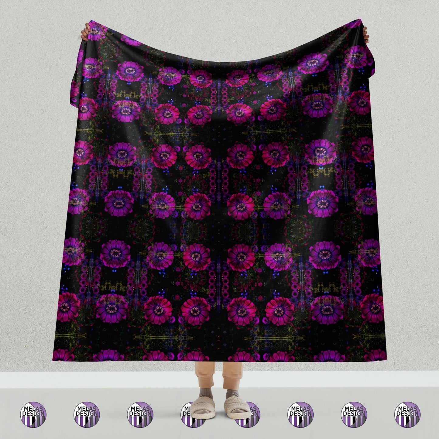 Hot Trippy Zinnias Sherpa Blanket Pink to Black; 60x80; black purple bedding; flowers