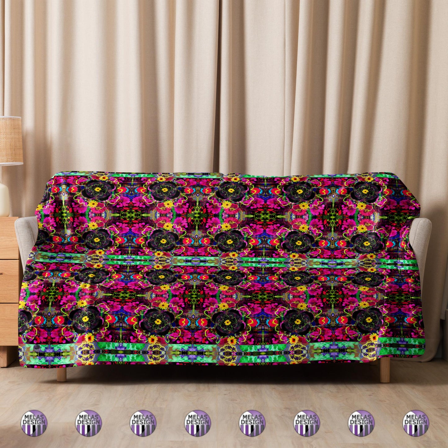 Color Joy Flower Power Sherpa Blanket v1; product mock-up draped on couch; 60x80