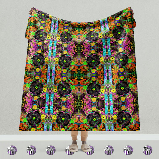 Color Joy Flower Power Sherpa Blanket v3; model holding up Product mockup; Melasdesign; 60x80