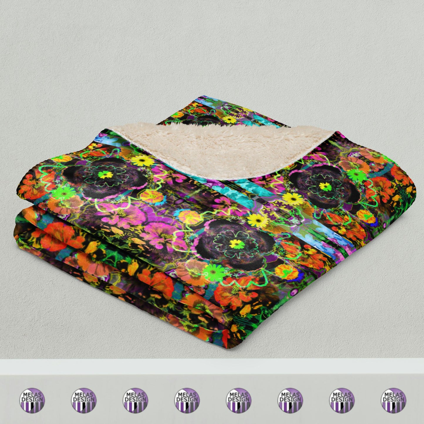 Color Joy Flower Power Sherpa Blanket v3; product mock-up with folded blanket showing design close-up and "furry" backside