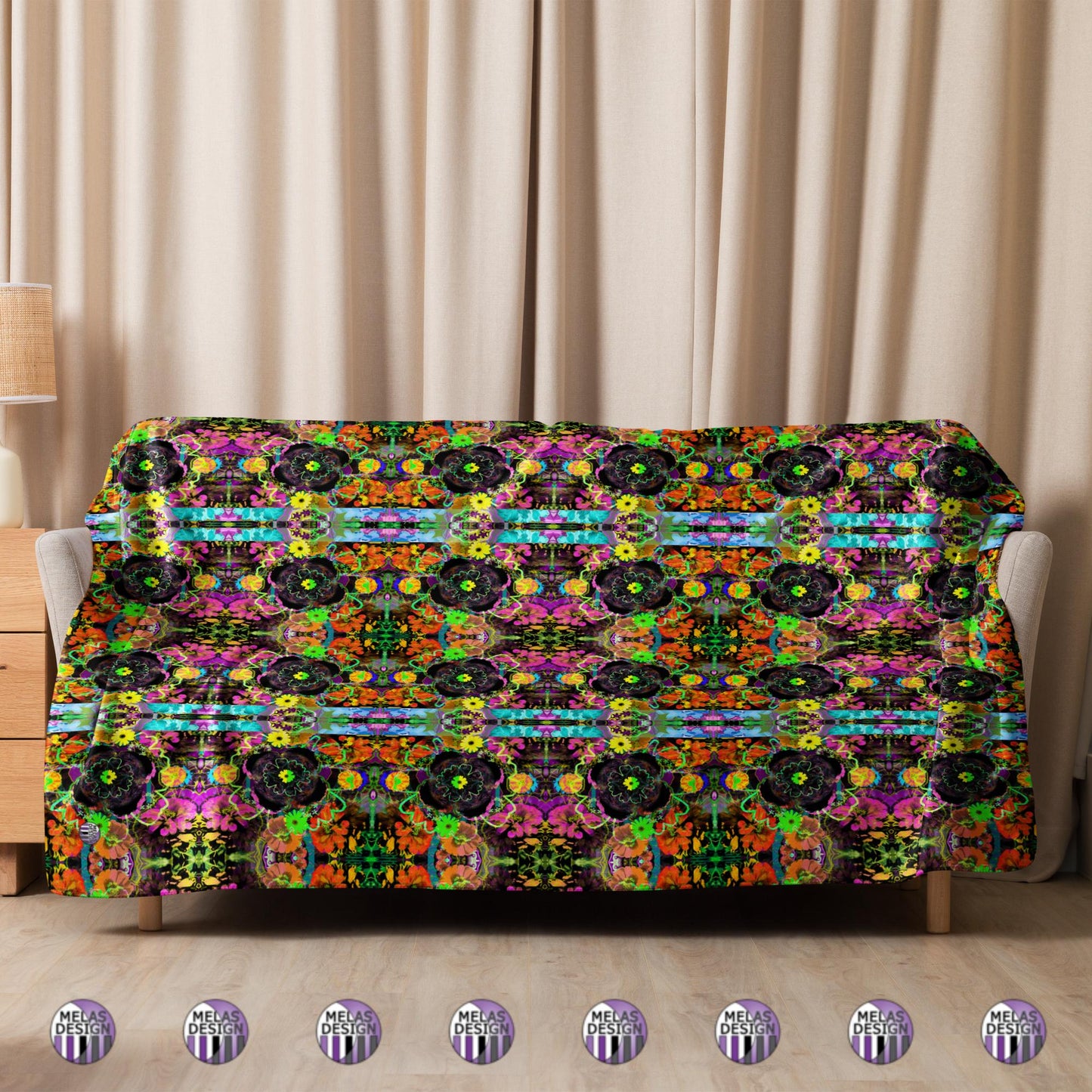 Color Joy Flower Power Sherpa Blanket v3; 60x80; product mock-up with blanket draped on couch and logos