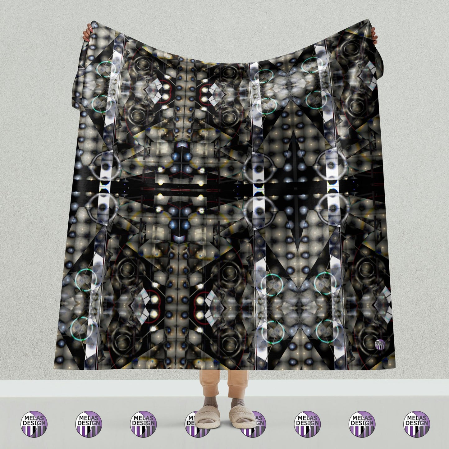 Cold Moon Yule Meditation Sherpa Blanket; 60x80; standing Model holding Product mockup in front of them above Melasdesign logos