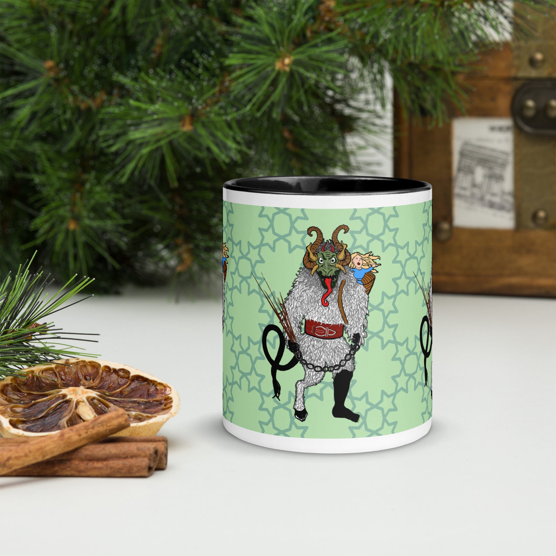 Cryptid Holiday Krampus Mug with Color Inside; black; side; 11 oz