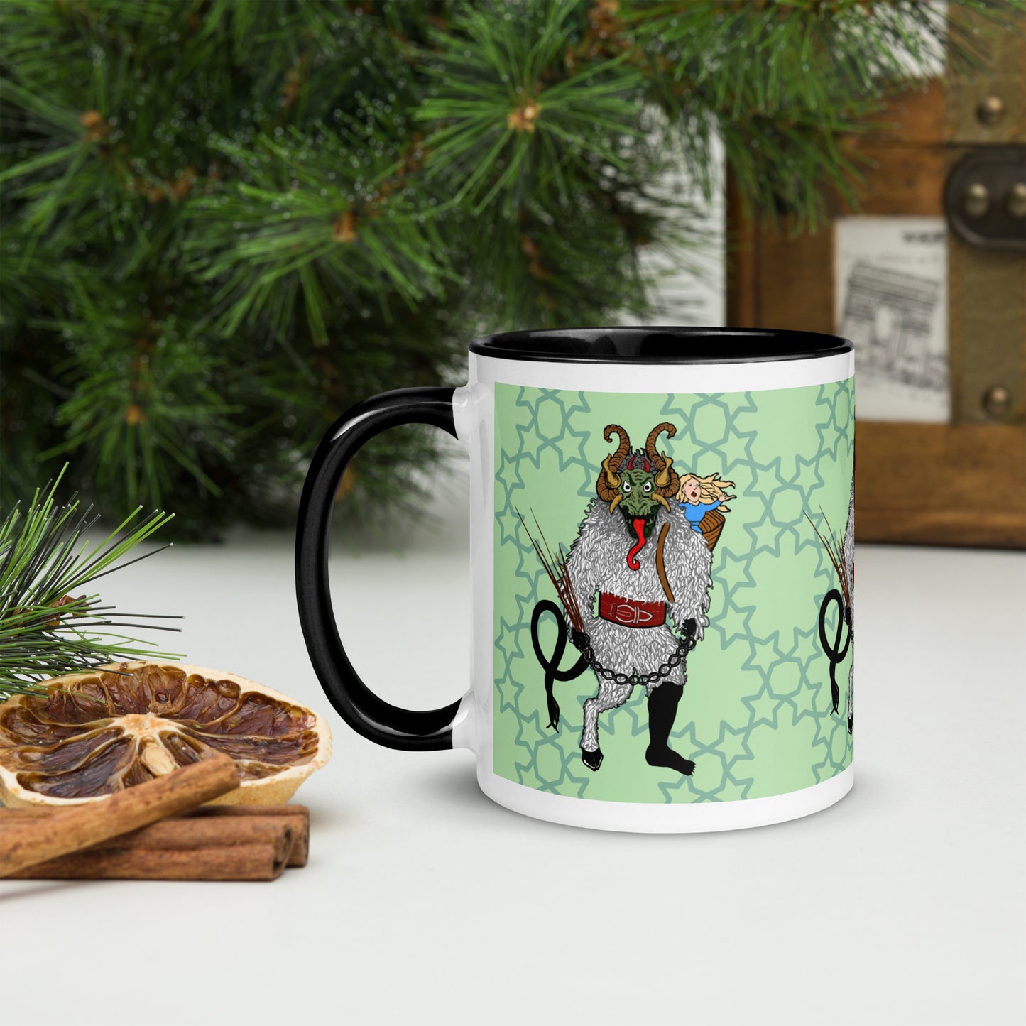 Cryptid Holiday Krampus Mug with Color Inside; black; left view; 11 oz