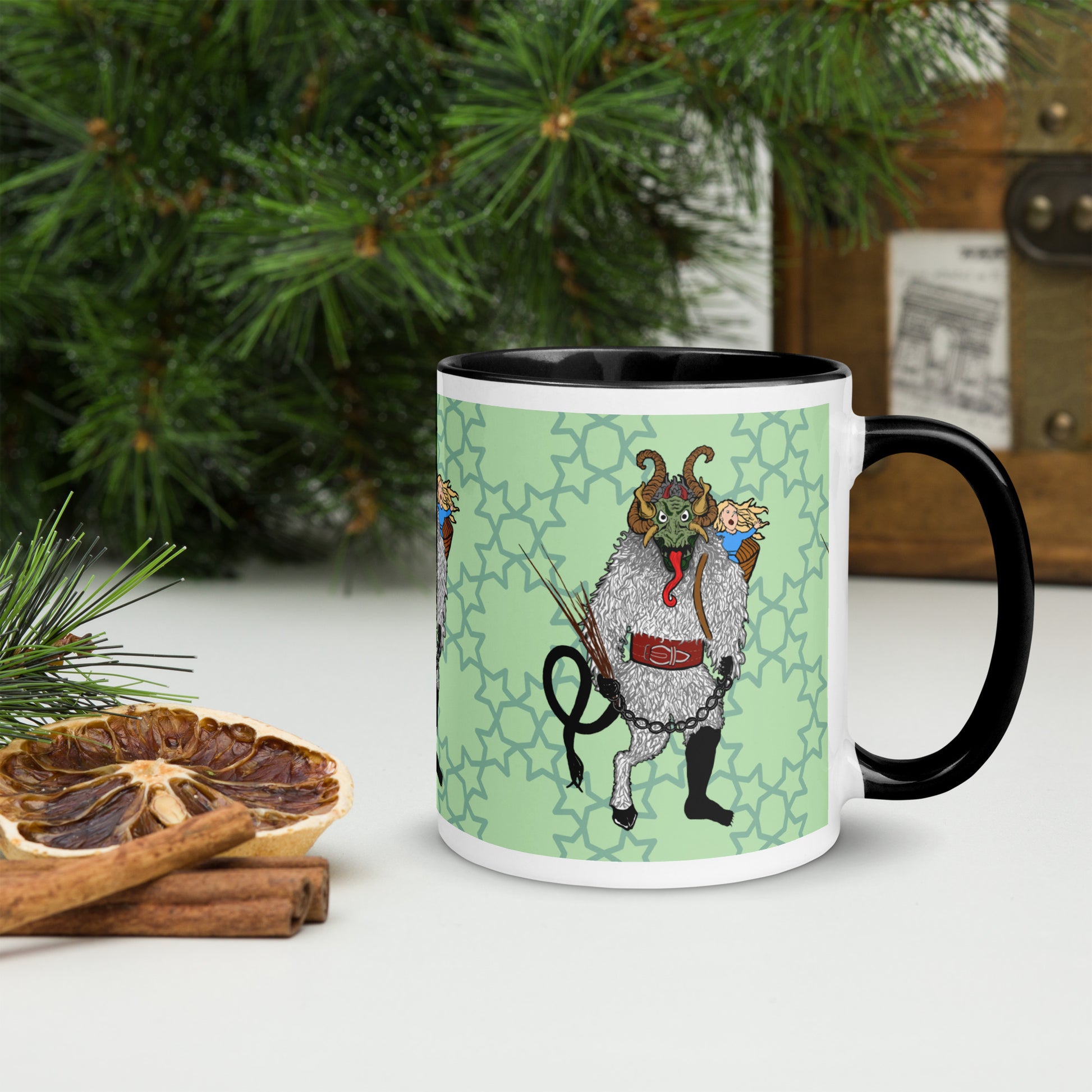 Cryptid Holiday Krampus Mug with Color Inside; black; right view; 11 oz