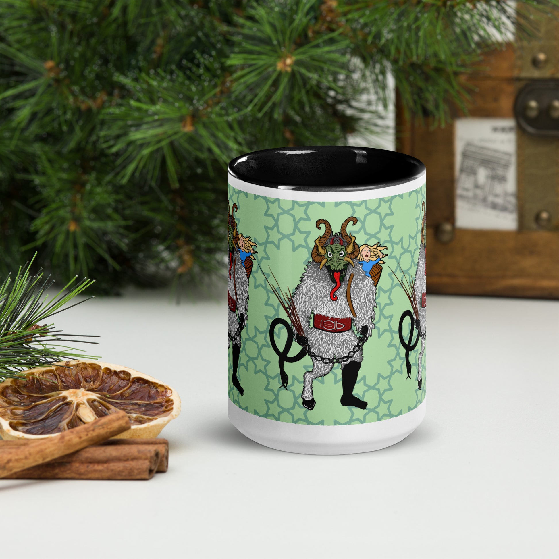 Cryptid Holiday Krampus Mug with Color Inside; black; side; 11 oz