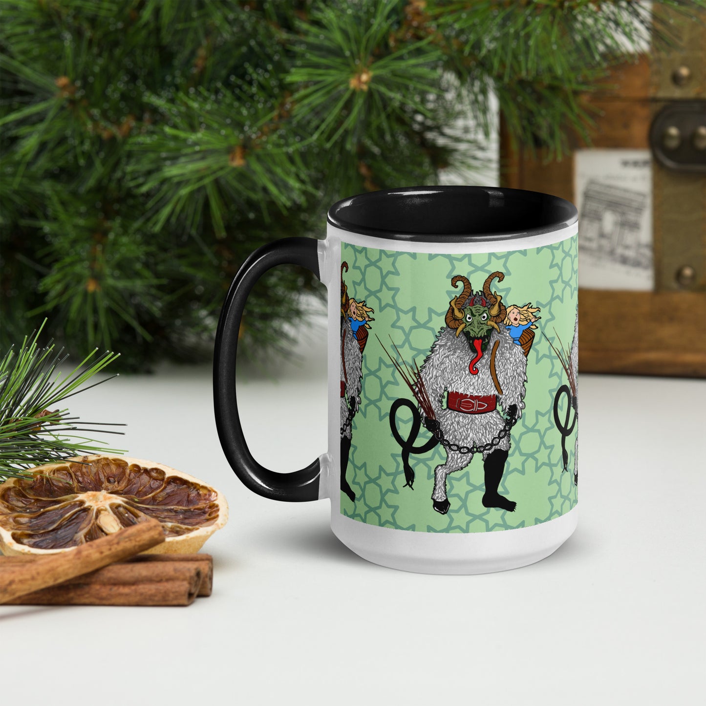 Cryptid Holiday Krampus Mug with Color Inside; black; left view; 15 oz