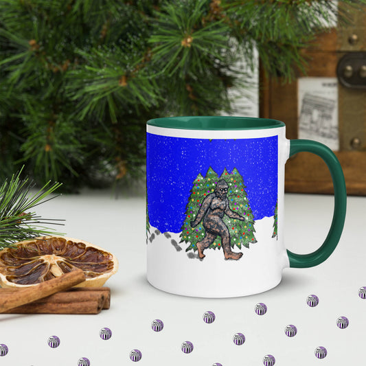 Cryptid Holiday Bigfoot Mug with Color Inside; 11 oz; holiday scene mock-up; Melasdesign; right view