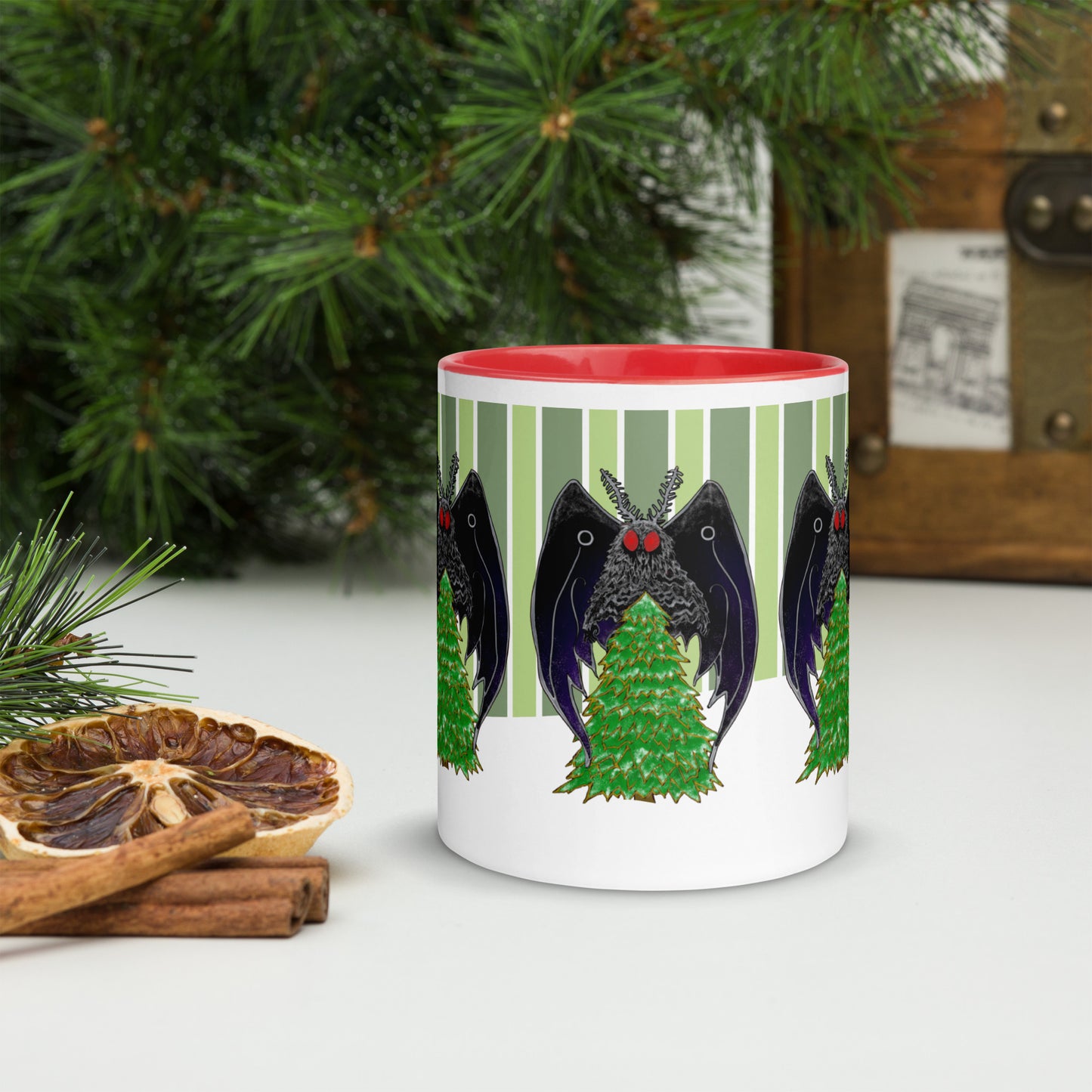 Winter Holiday Mothman Mug with Color Inside; side; red; 11 oz