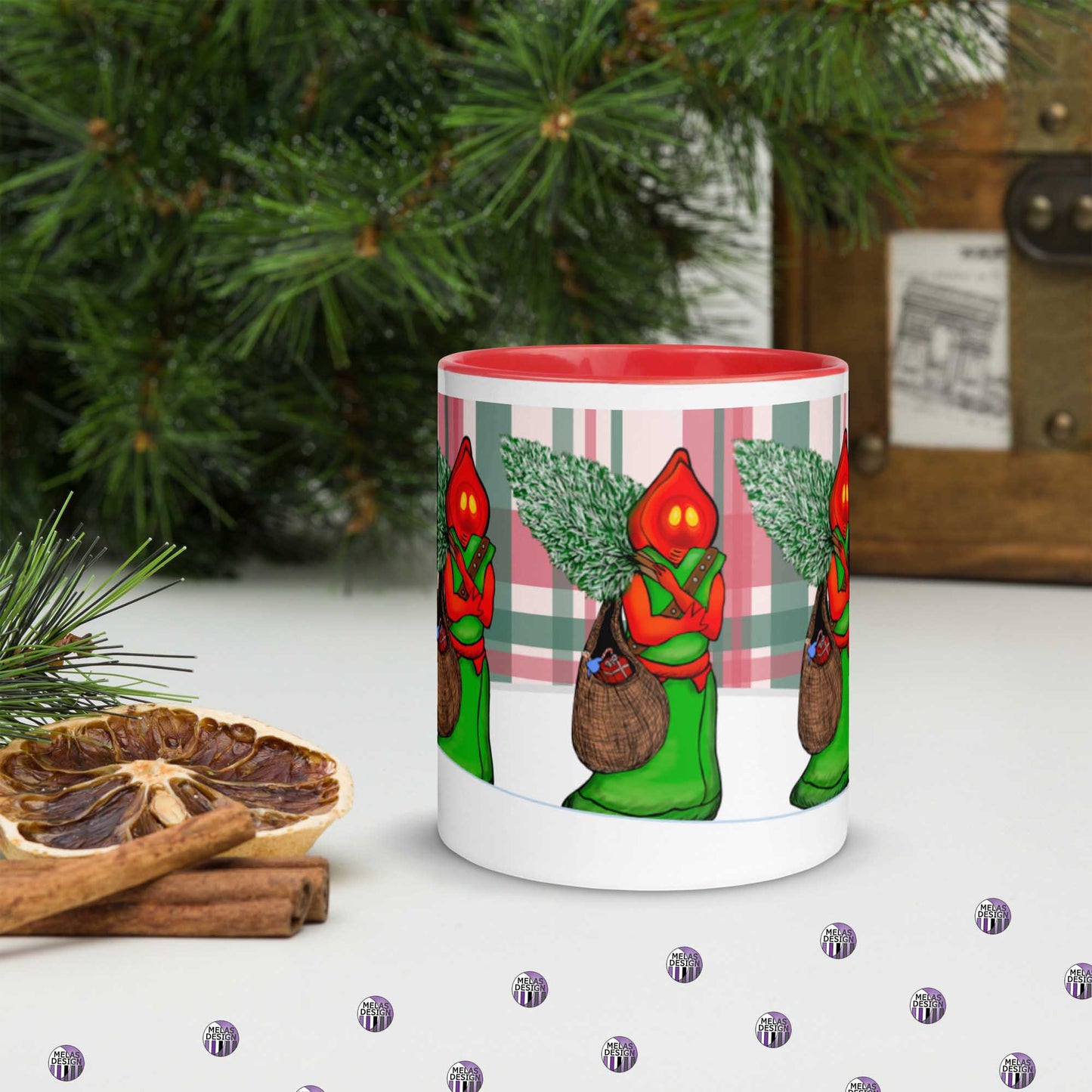 Flatwoods Monster Santa Mug with Color Inside; 11 oz; front; holiday cryptid; Braxie; Braxton County Monster