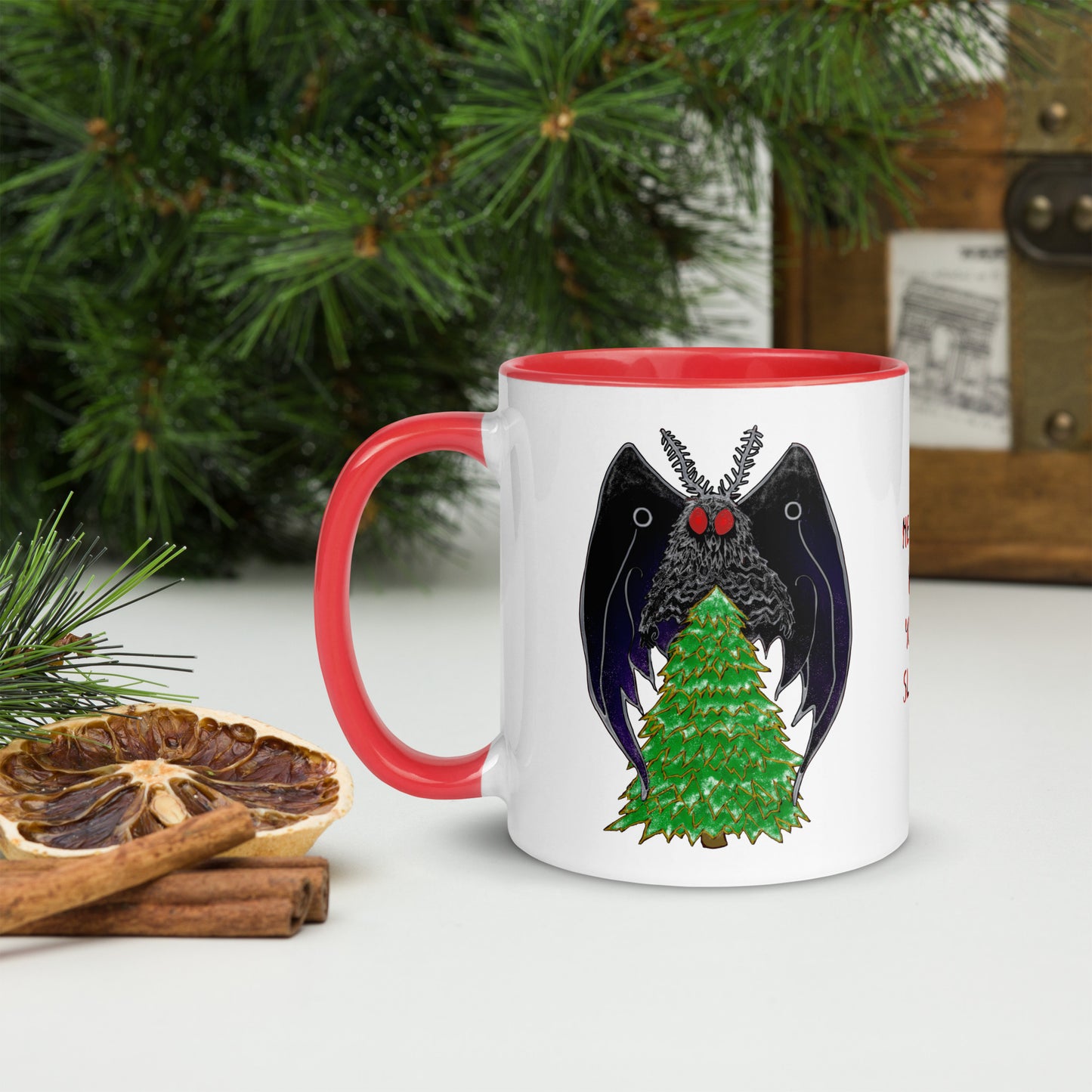 Cryptid Holiday Mothman Mug with Color Inside