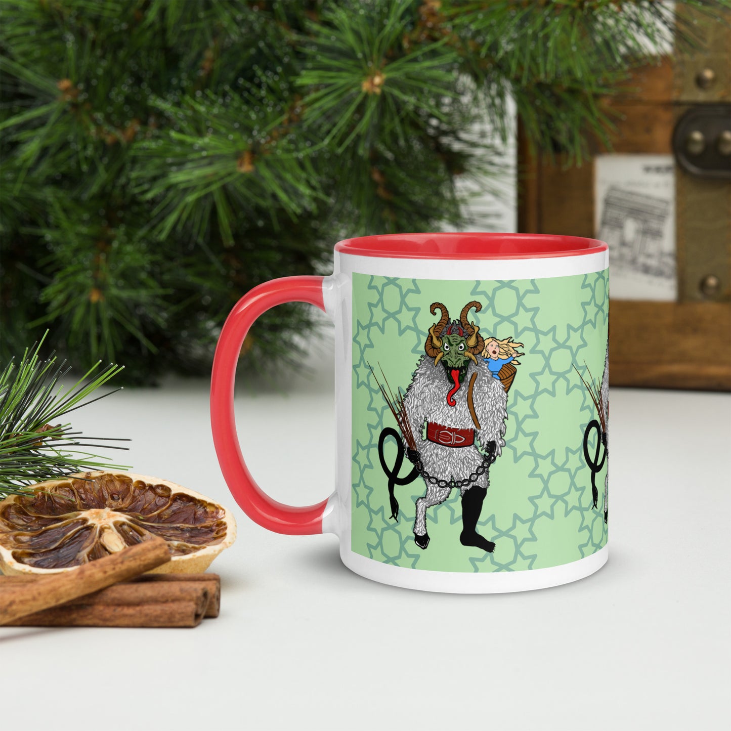 Cryptid Holiday Krampus Mug with Color Inside; red; left view; 11 oz