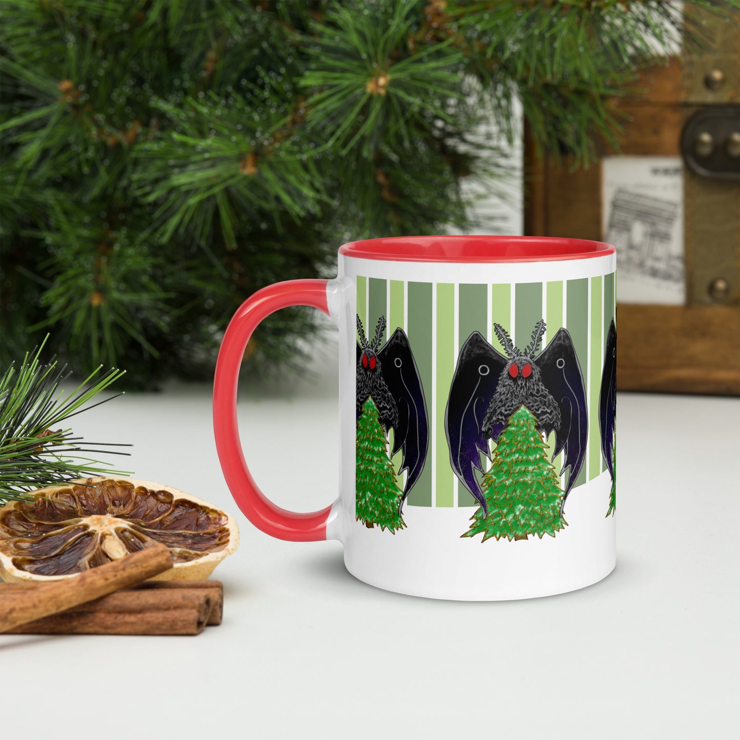 Winter Holiday Mothman Mug with Color Inside; left; red; 11 oz