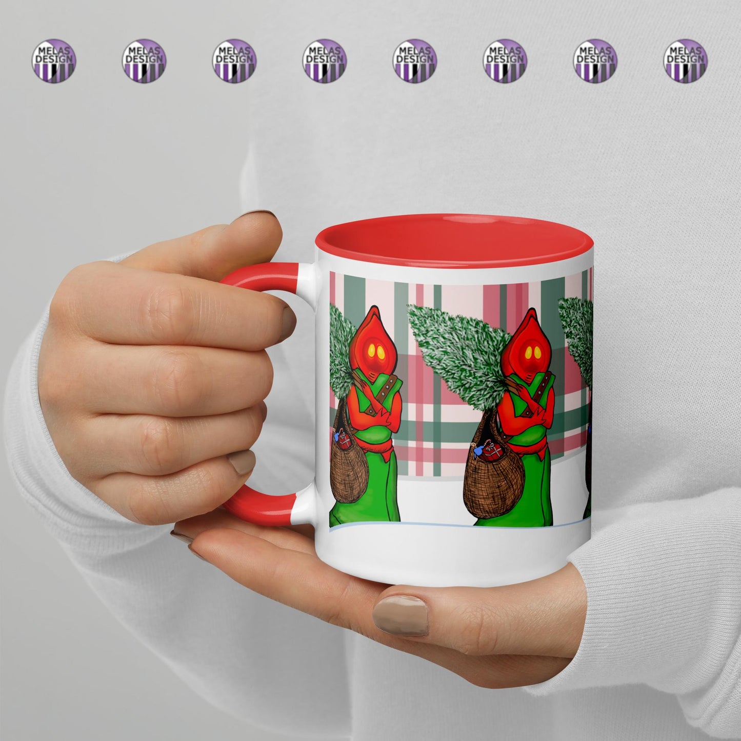 Flatwoods Monster Santa Mug with Color Inside; 11 oz; in hands left; Christmas cryptid; Braxie; Braxton County Monster