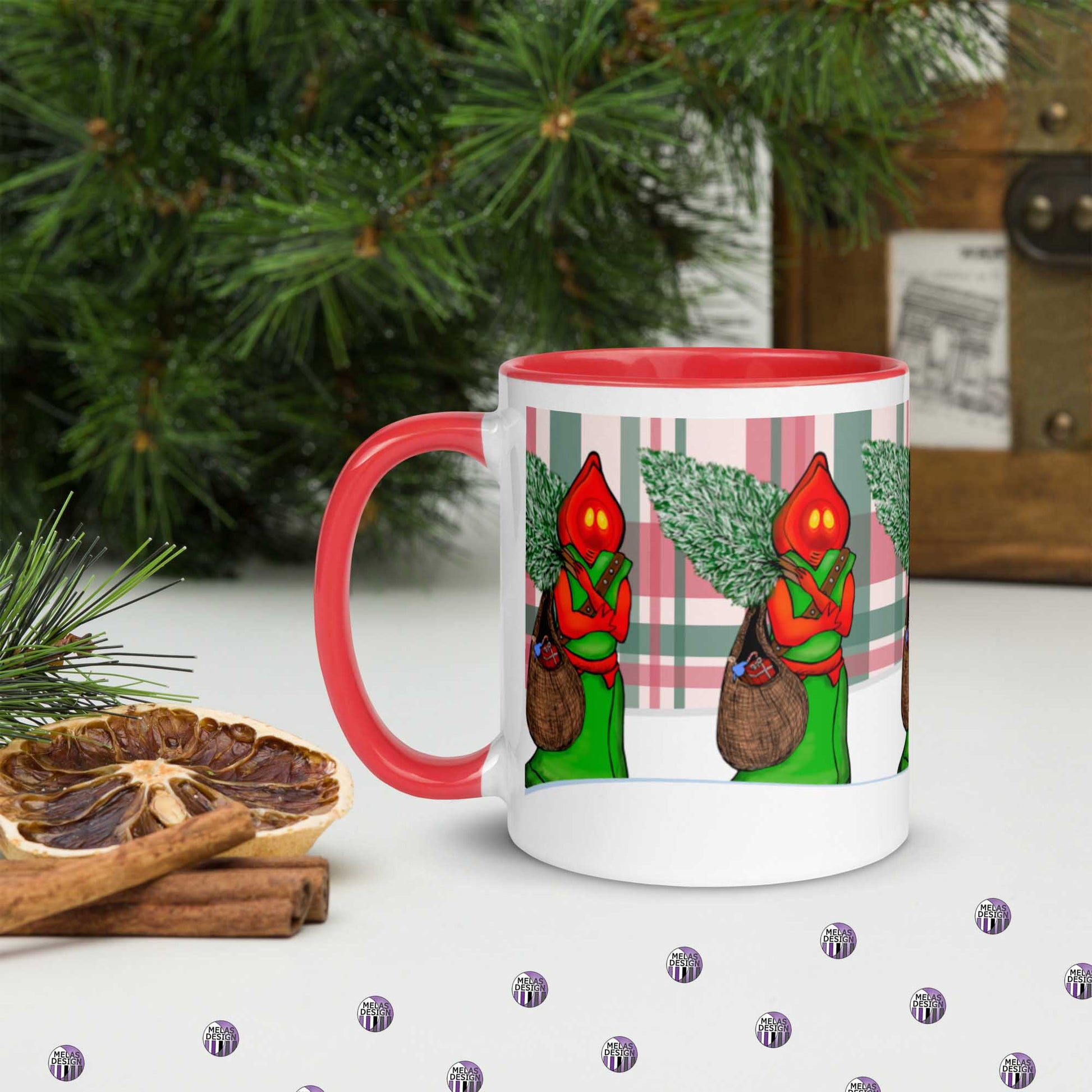 Flatwoods Monster Santa Mug with Color Inside; 11 oz; left; holiday cryptid; Braxie; Braxton County Monster