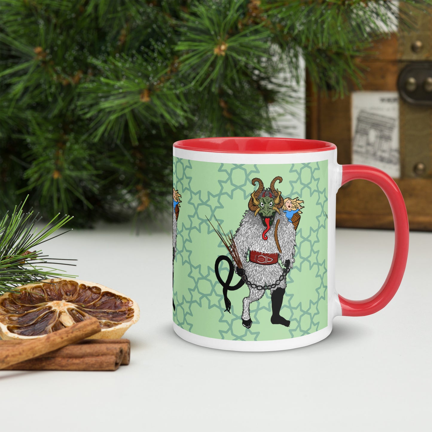 Cryptid Holiday Krampus Mug with Color Inside; red; right view; 11 oz