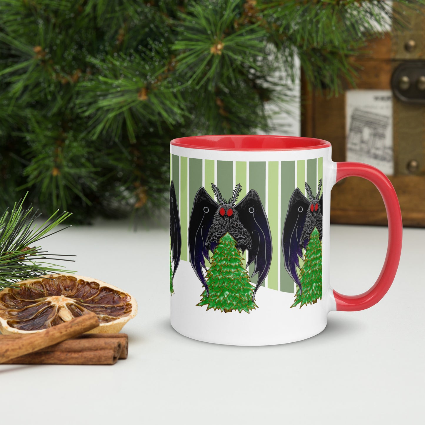 Winter Holiday Mothman Mug with Color Inside; red; right; 11 oz