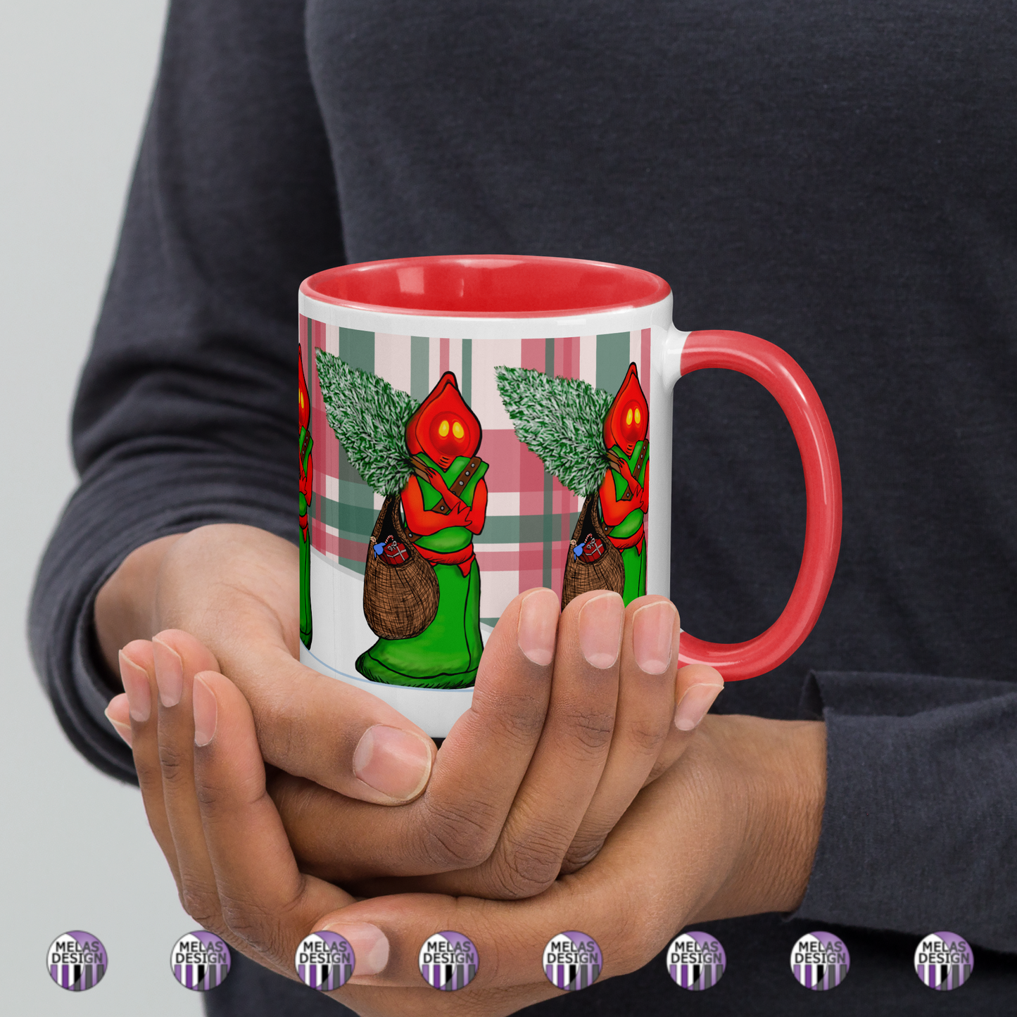 Flatwoods Monster Santa Mug with Color Inside; 11 oz; in hands right; Christmas cryptid; Braxie; Braxton County Monster