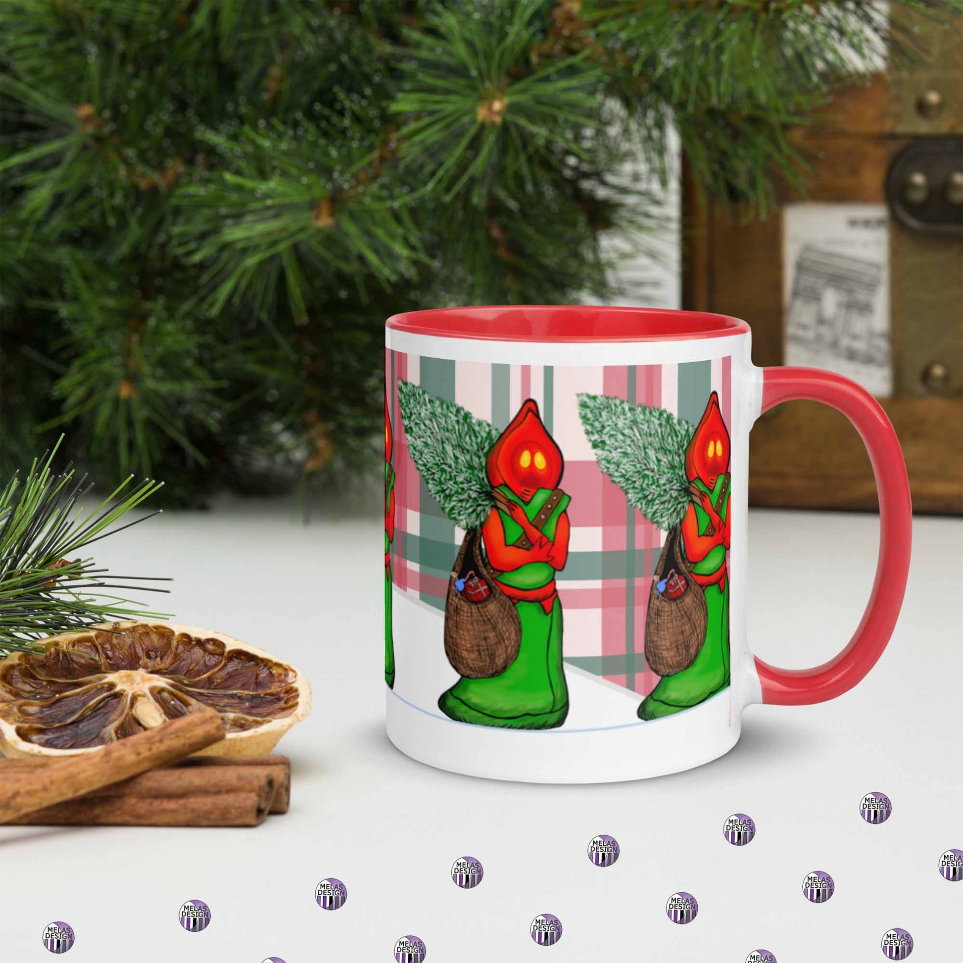 Flatwoods Monster Santa Mug with Color Inside; 11 oz; right; holiday cryptid; Braxie; Braxton County Monster