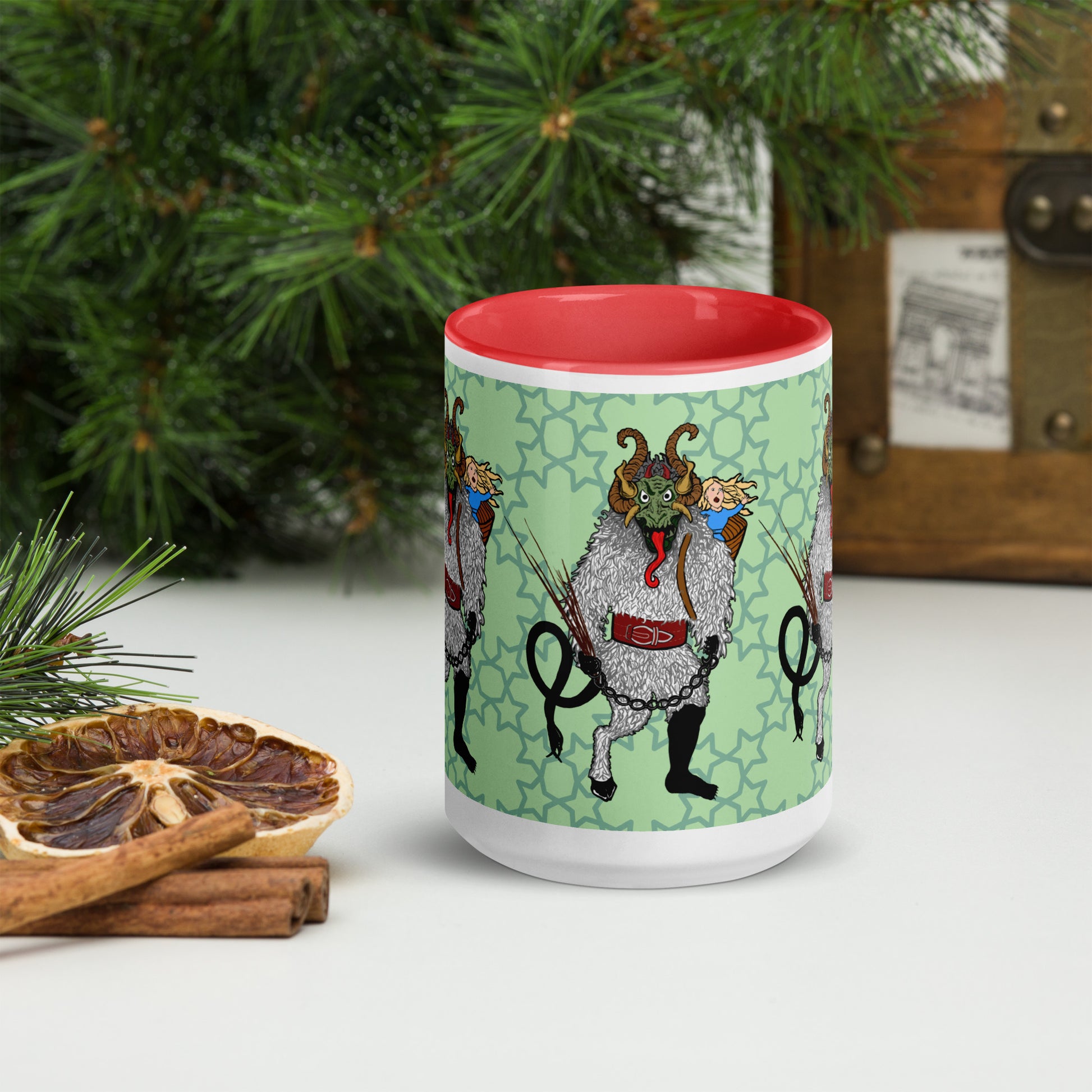 Cryptid Holiday Krampus Mug with Color Inside; red; side; 15 oz