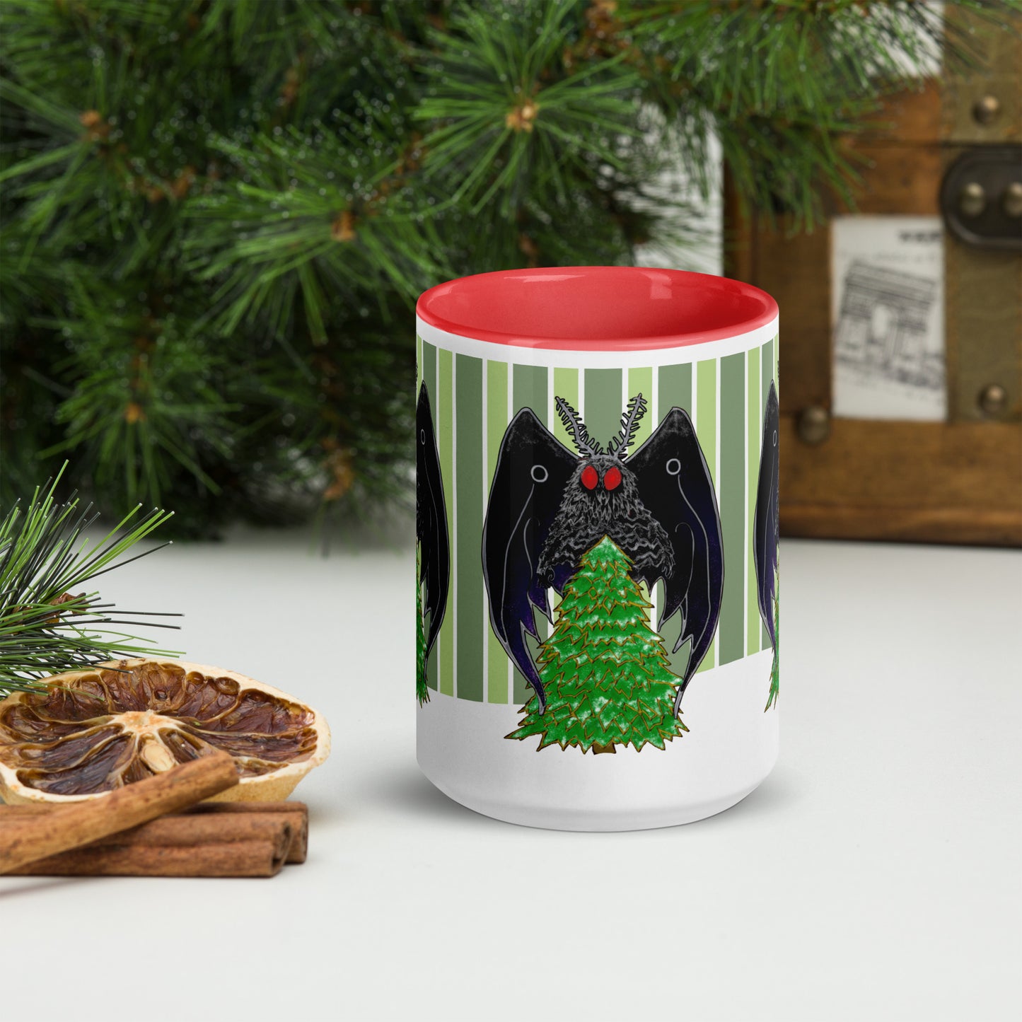 Winter Holiday Mothman Mug with Color Inside; side; red; 15 oz