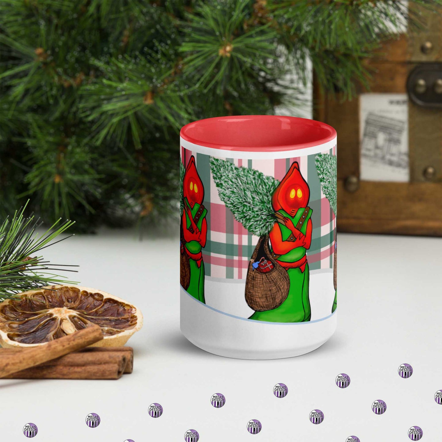 Flatwoods Monster Santa Mug with Color Inside; 15 oz; front; holiday cryptid; Braxie; Braxton County Monster