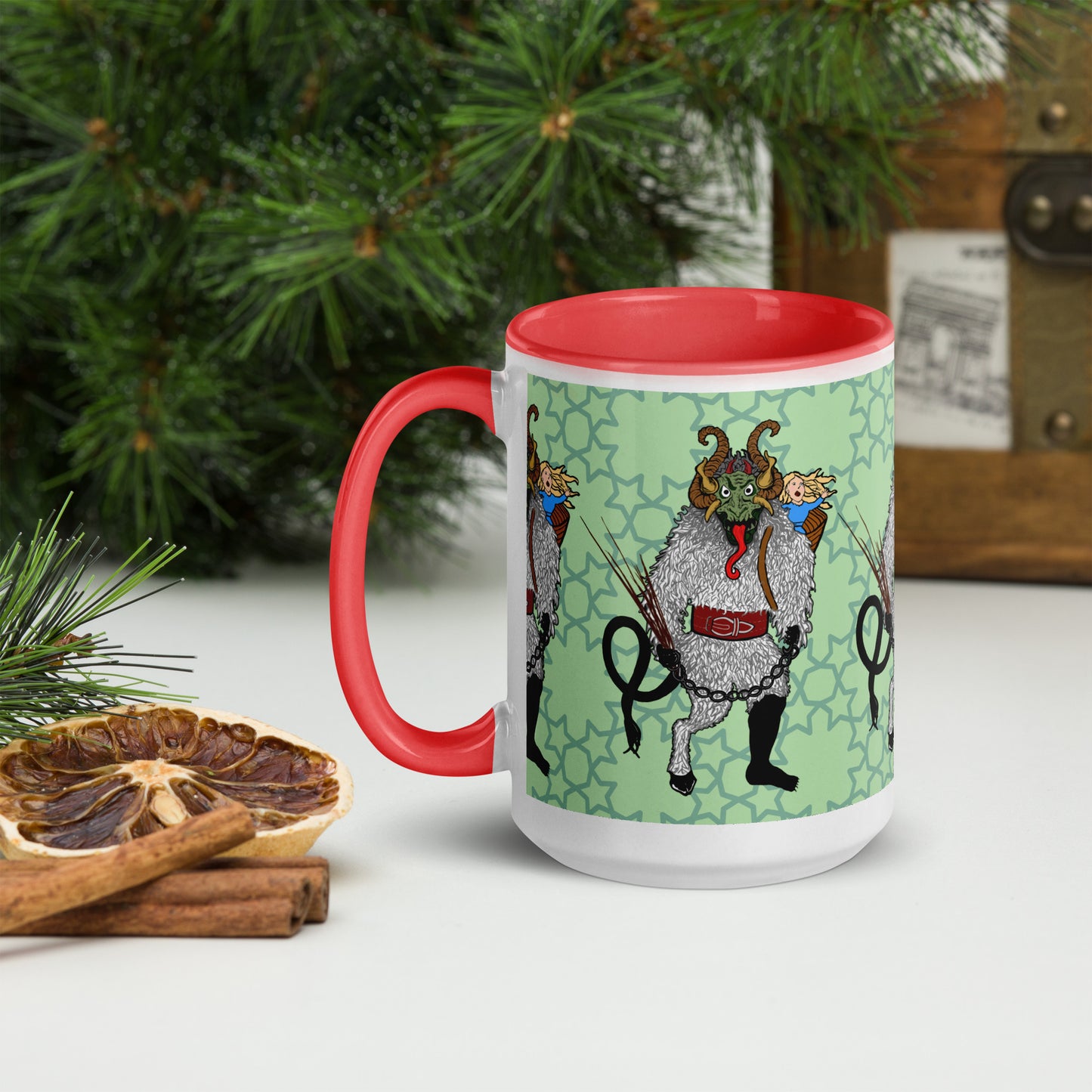 Cryptid Holiday Krampus Mug with Color Inside; red; left view; 15 oz