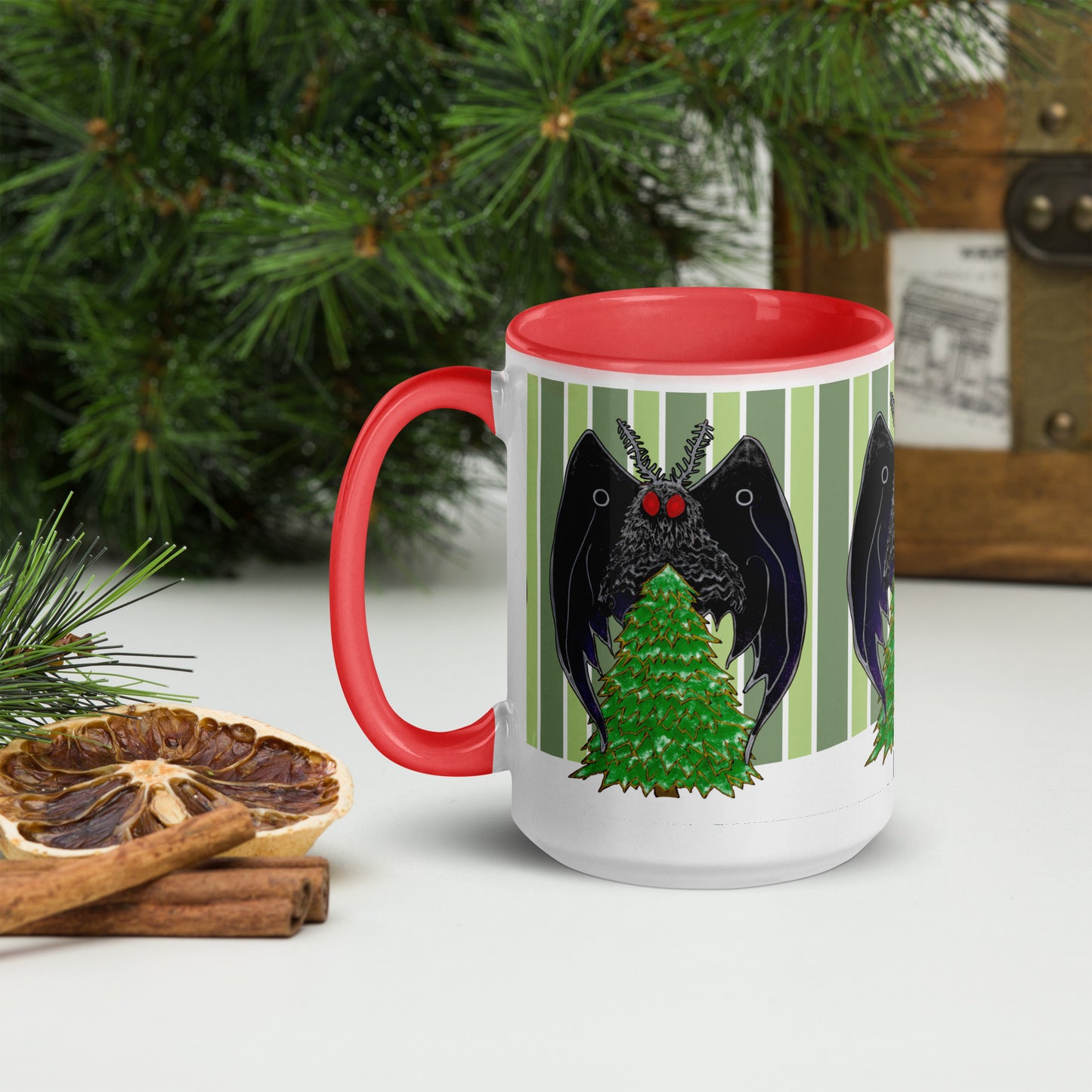 Winter Holiday Mothman Mug with Color Inside; left; red; 15 oz