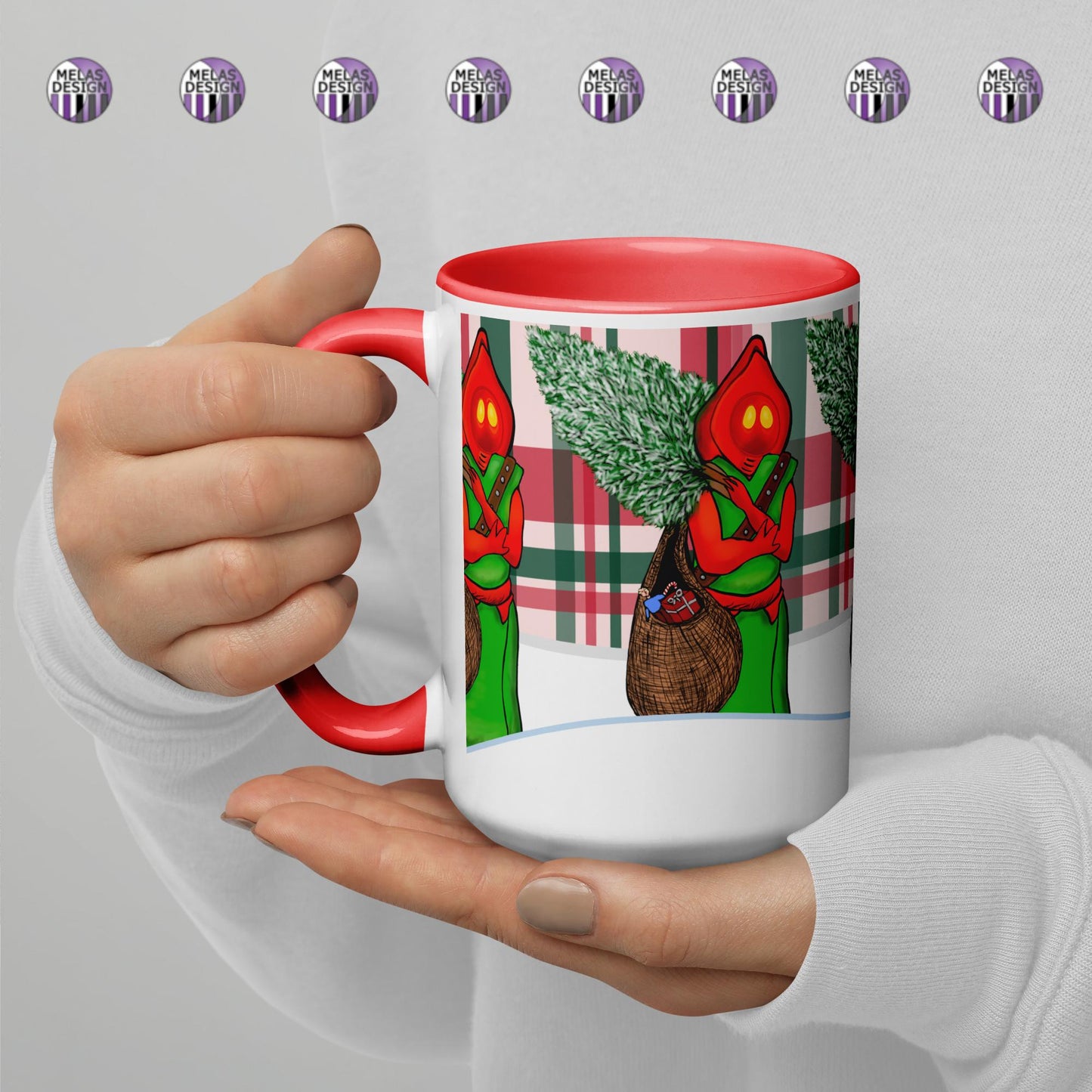 Flatwoods Monster Santa Mug with Color Inside; 11 oz; in hands left; Christmas cryptid; Braxie; Braxton County Monster