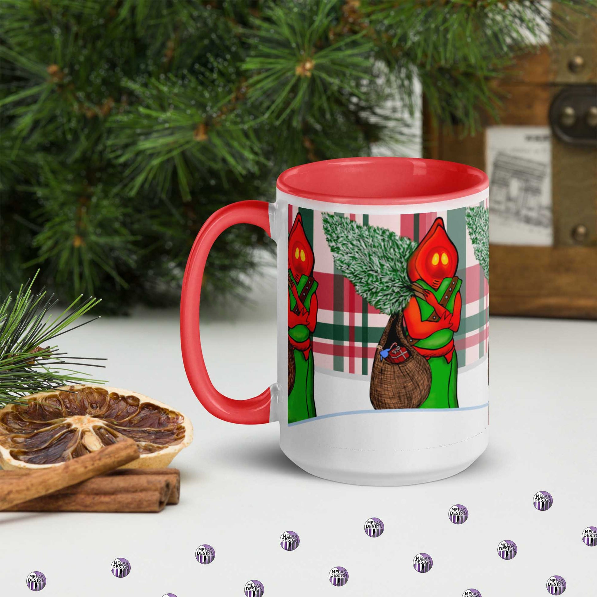 Flatwoods Monster Santa Mug with Color Inside; 15 oz; left; holiday cryptid; Braxie; Braxton County Monster