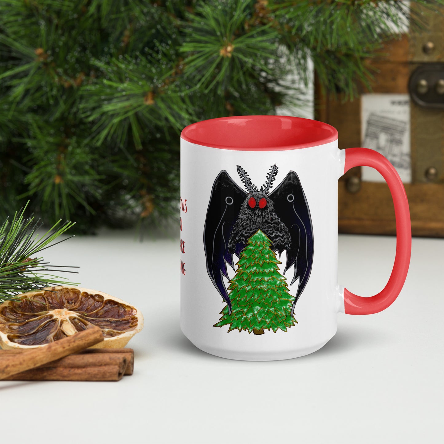 Cryptid Holiday Mothman Mug with Color Inside