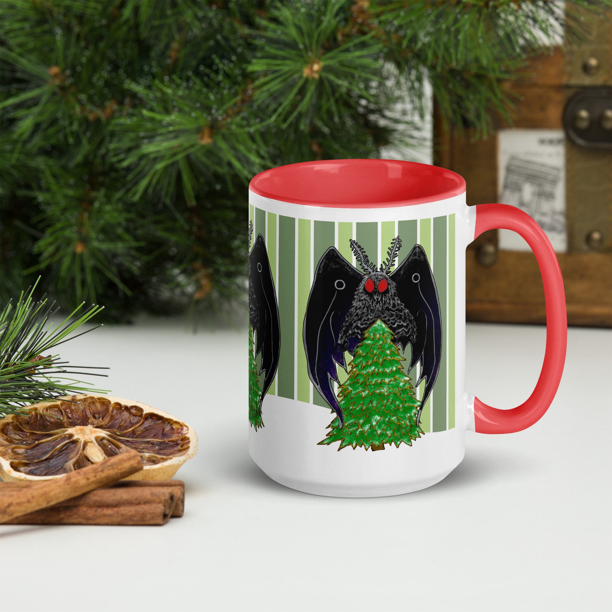 Winter Holiday Mothman Mug with Color Inside; red; right; 15 oz