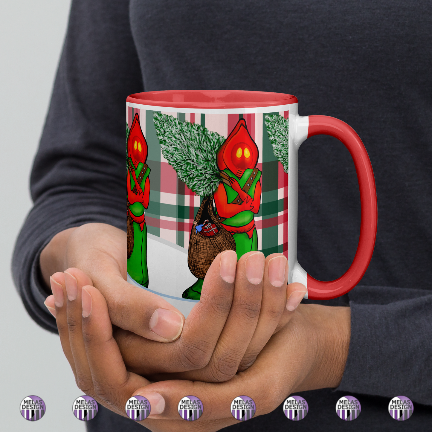 Flatwoods Monster Santa Mug with Color Inside; 15 oz; in hands right; Christmas cryptid; Braxie; Braxton County Monster