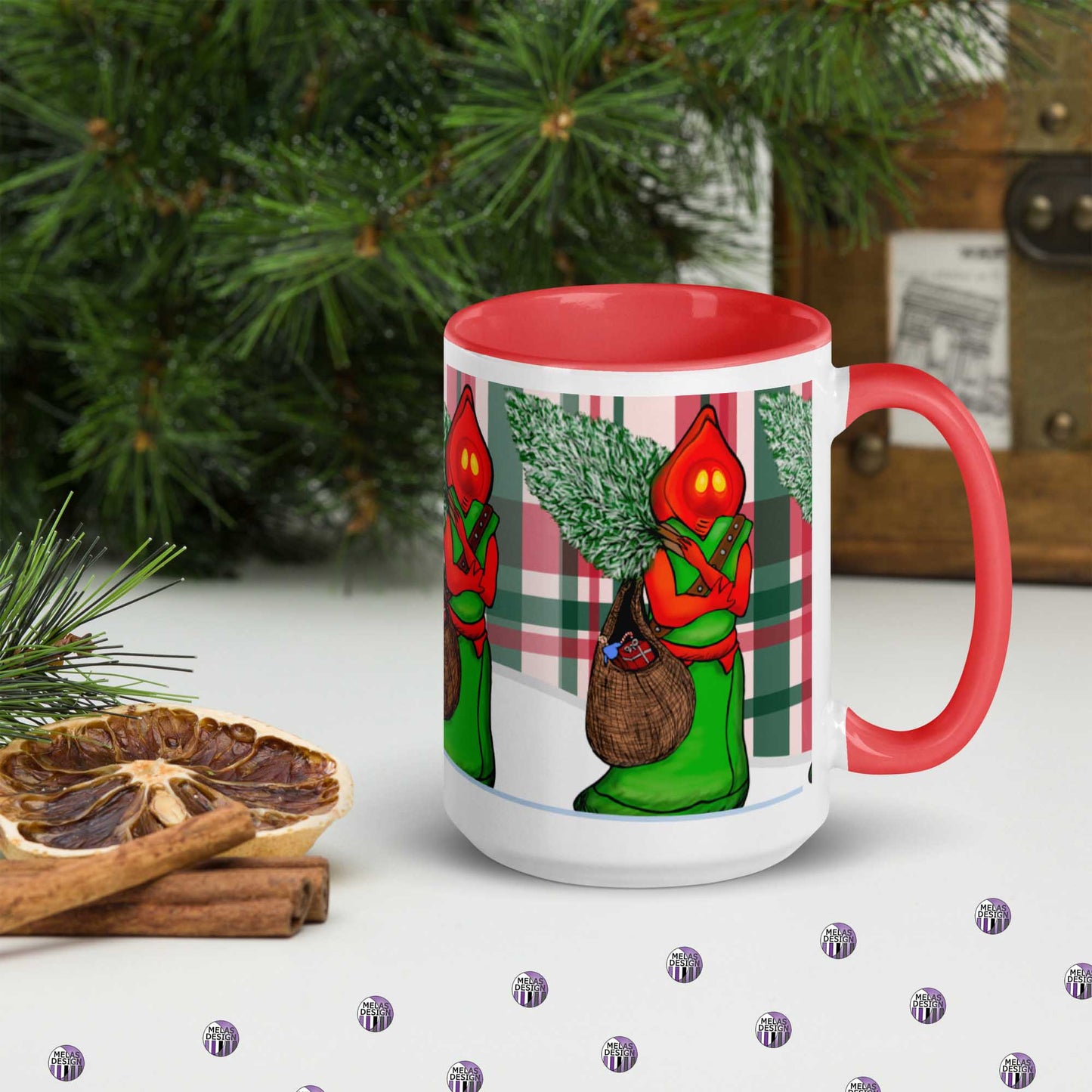 Flatwoods Monster Santa Mug with Color Inside; 15 oz; right; holiday cryptid; Braxie; Braxton County Monster