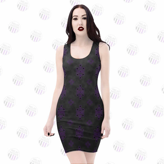 Witchy Ombre Cloudy Body-Con Dress; gothic; goth; witchy; witch aesthetic; witch; dress; style; fashion; bodycon; Melasdesign; small business; pagan; alternative; style; mini-dress; sleeveless; pagan; pagan symbols; pentagram; witch's knot; crescent moon; wheel of the moon