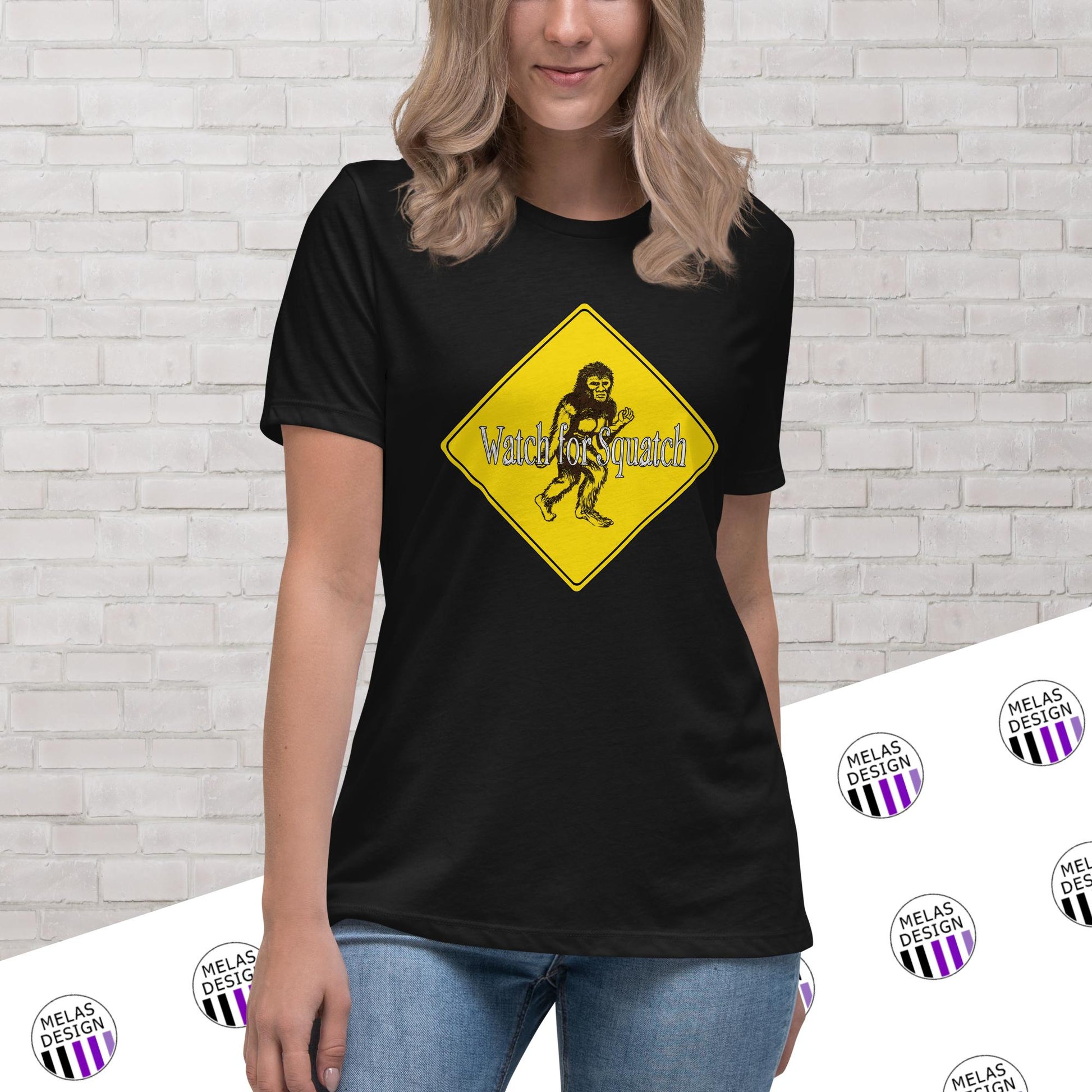 watch for squatch womens relaxed t-shirt; Melasdesign; cryptid clothing collection; Bigfoot; Sasquatch; Yeti; t-shirt; fashion; cryptids; 