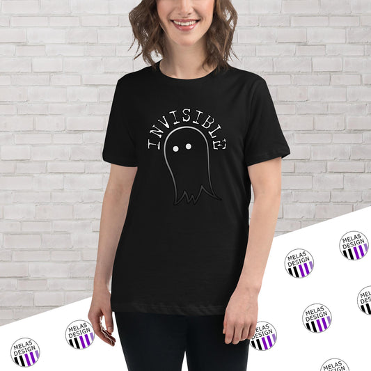 Invisible Ghost Emoji Women's Relaxed T-Shirt; t-shirt for introverts; introvert gift idea; paranormal t-shirt; Melasdesign; invisible ghost t-shirt; relaxed fit; womens fashion; cute; funny; Halloween; ghost emoji t-shirt; shy girl gift 