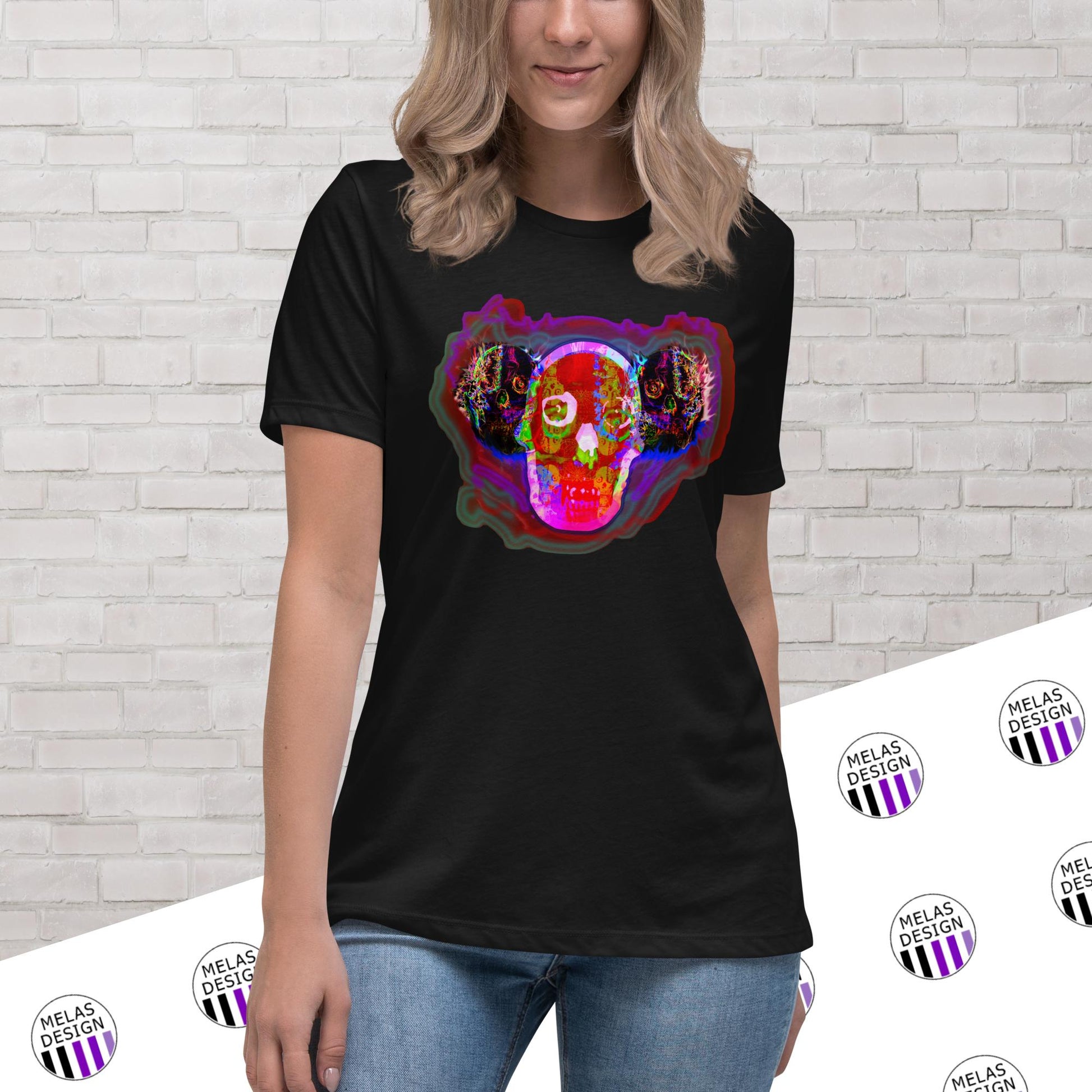 Freakazoid Skulls Women's Relaxed T-Shirt; skulls; triple; three; psychedelic; trippy; Melasdesign; fashion; gothic; punk; horror; alternative; fashion; small business; S-3X; plus size