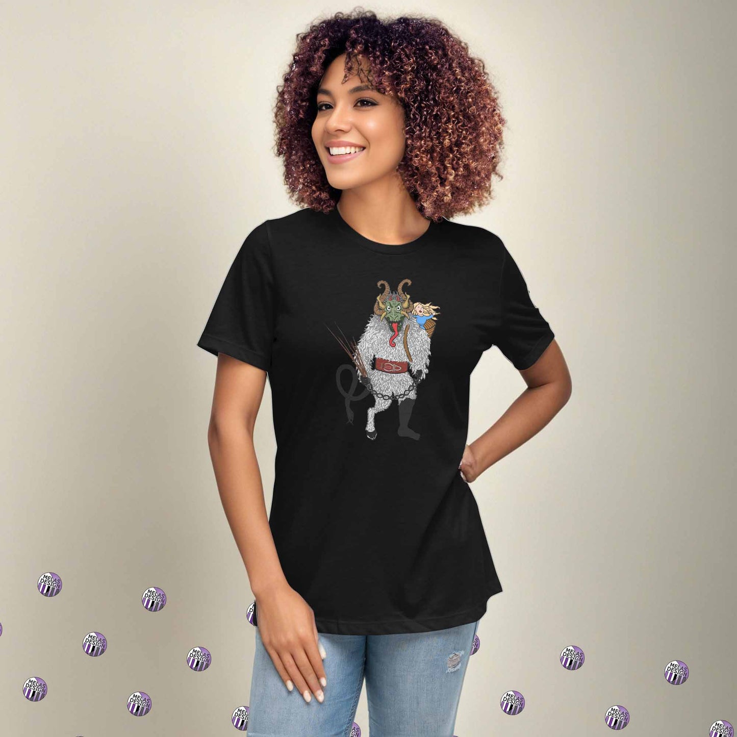 Holiday Cryptid Krampus Women's Relaxed T-Shirt; Melasdesign; Krampus t-shirt; womens; black; fashion; holiday; style; cryptid; Small business; gift idea; S-3X