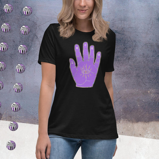 Lucky Hamsa Women's Relaxed T-Shirt; Product mockup in black on female model; Melasdesign logos